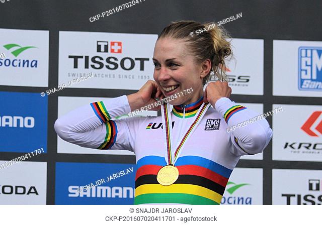 Winner Annika Langvad of Denmark during the women cross-country elite race at Mountain Bike World Championship in Nove Mesto na Morave, Czech Republic, Saturday