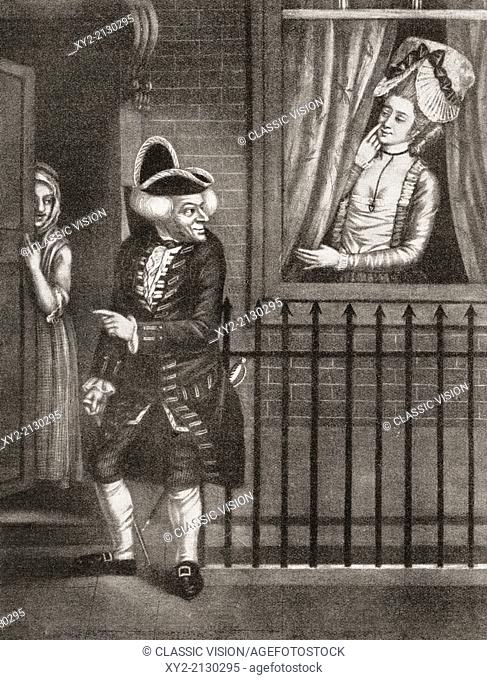 The alluring prostitute beckons a gentleman customer from the window. 18th century. From Illustrierte Sittengeschichte vom Mittelalter bis zur Gegenwart by...