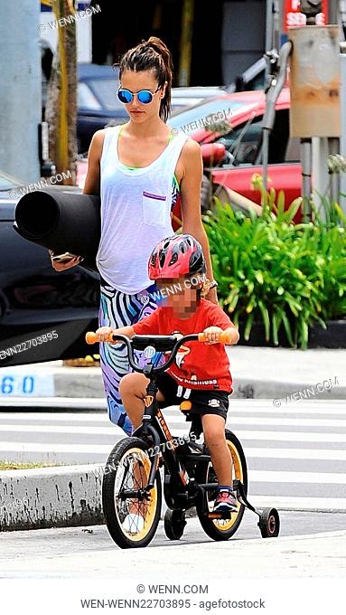 Model Alessandra Ambrosio and fiance Jamie Mazur take their kids Anja and Noah out for lunch after her yoga class in Brentwood Featuring: Alessandra Ambrosio