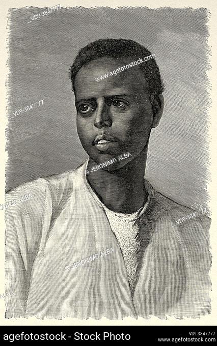 Young egyptian man storyteller, Egypt, North Africa. Old 19th century engraved illustration from El Mundo Ilustrado 1880