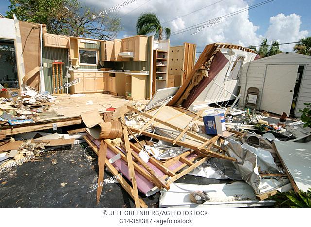 Hurricane Charley damage at modular home park. Punta Gorda. Charlotte County, Florida, USA
