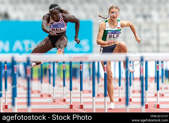 Belgian Anne Zagre and Bulgaria's Elvira Herman pictured in action during the 100m hurdles race at the second day of the European Athletics Team Championships...