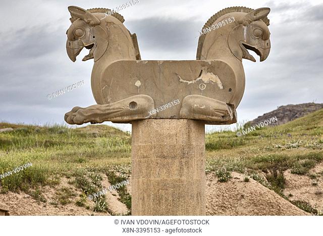 Huma bird capital column, Persepolis, ceremonial capital of Achaemenid Empire, Fars Province, Iran