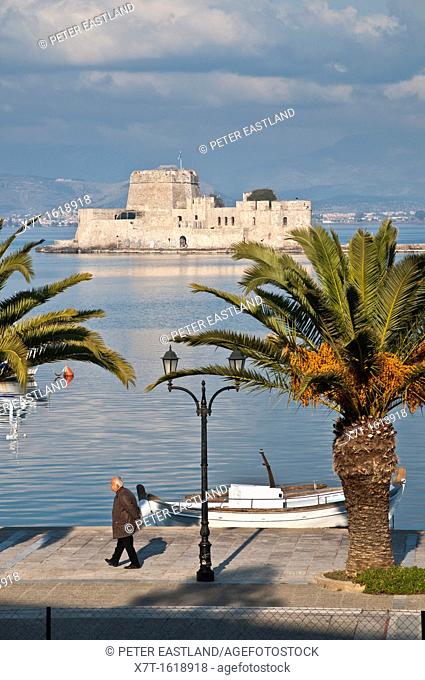 The harbour at Nafplio with the Bourtzi island and fort in the background, Argolid, Peloponnese, Greece
