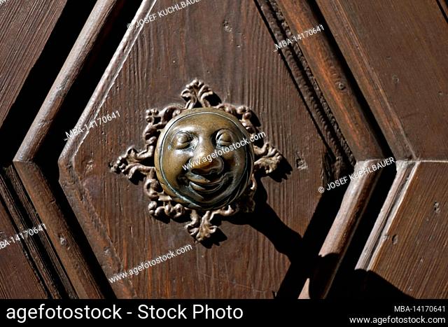 germany, bavaria, upper franconia, bamberg, old town, front door, brass door knob, representation of an elderly woman, apfelweibla