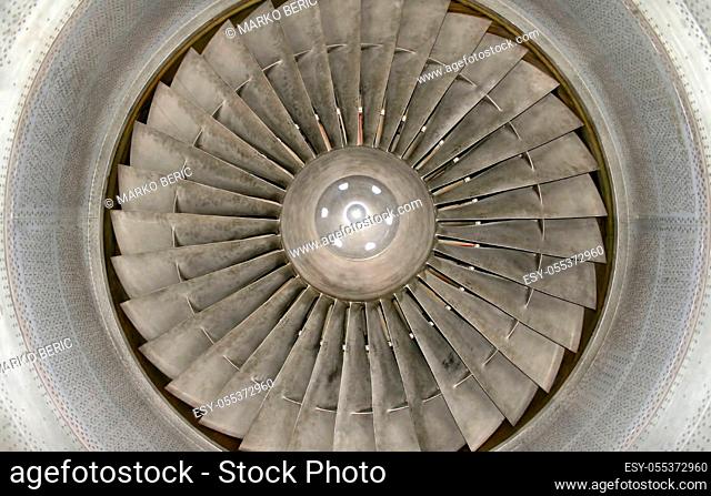 Inside big jet engine blades and motor cone