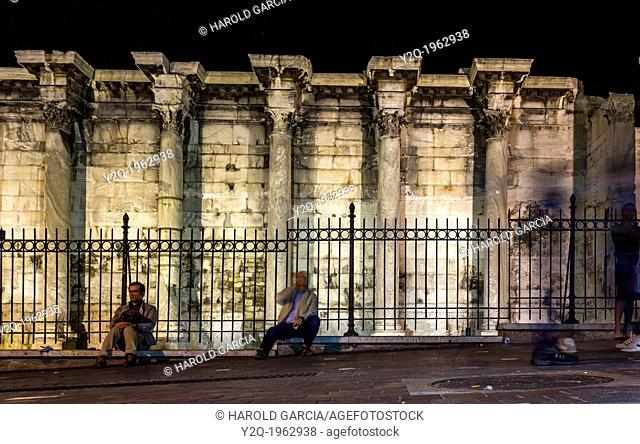 Corinthian columns of the west wall ruins of the Hadrian's Library in the Roman Agora in Athens, Greece