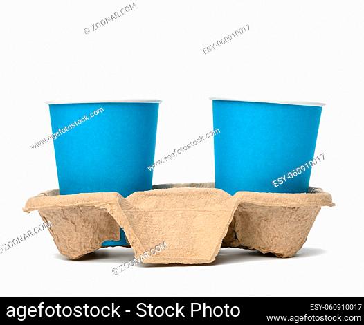 two blue paper disposable cups stand in the tray, white background, takeaway containers