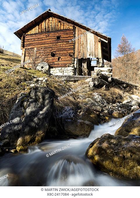 Traditional water mills of the viles (hamlets) of Mischi und Seres, village of Campill, in the Gader valley in the dolomites