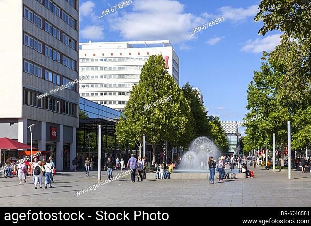 Pedestrian zone Prager Straße with dandelion fountain, Dresden, Saxony, Germany, Europe
