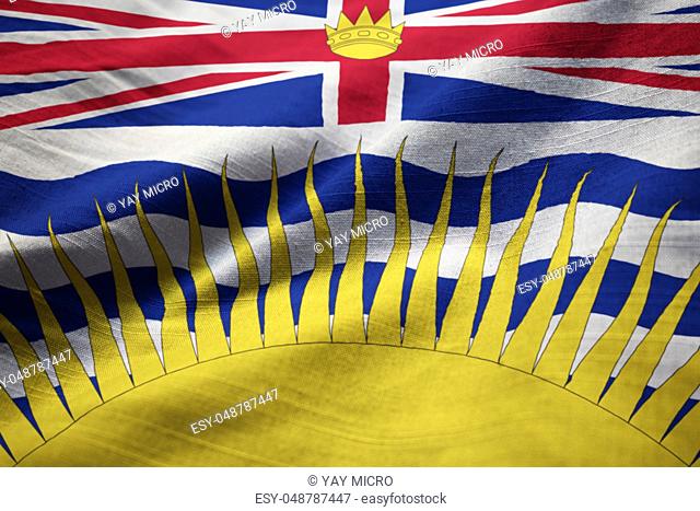 Closeup of Ruffled British Columbia Flag, British Columbia Flag Blowing in Wind