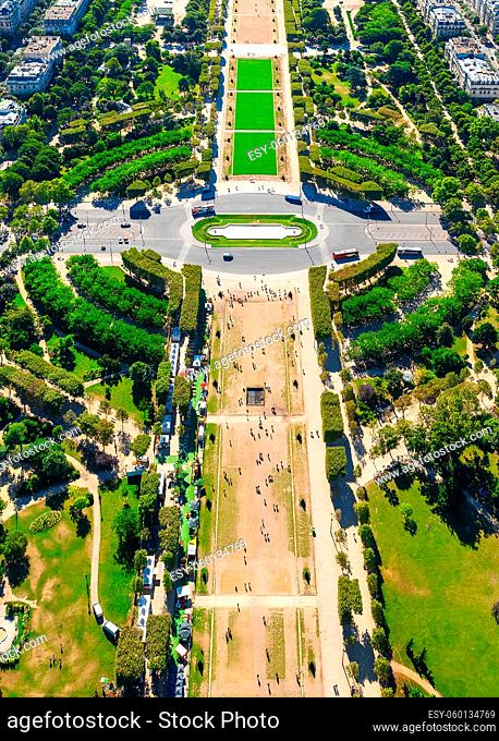 Lawns in park on Field of Mars in Paris, view from above