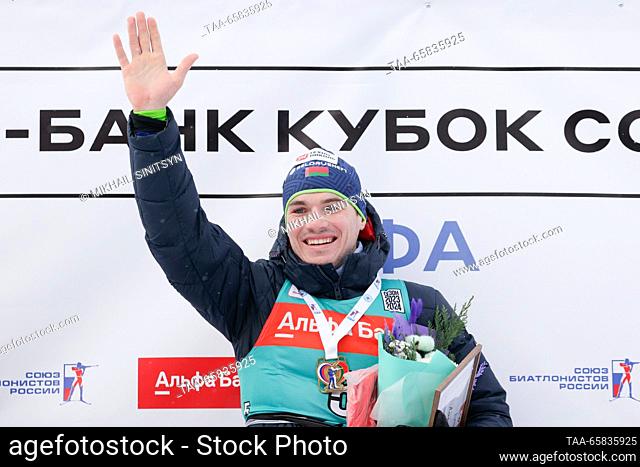 RUSSIA, UFA - DECEMBER 17, 2023: Gold medalist Dmitry Lazovsky of Belarus at an award ceremony for the men's 15km mass start in Stage 2 of the 2023/24...