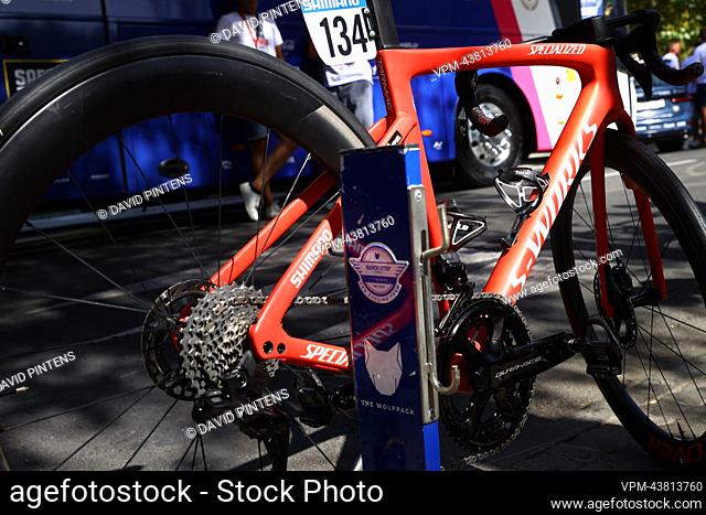 Illustration shows the new red bike of Belgian Remco Evenepoel of Quick-Step Alpha Vinyl pictured at the start of the final stage of the 2022 edition of the...