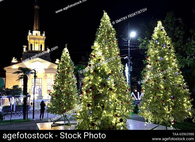 RUSSIA, SOCHI - 21 de diciembre de 2023: Los árboles de Navidad se encuentran en la plaza de jardín Kooperativny. Dmitry Feoktistov/TASS