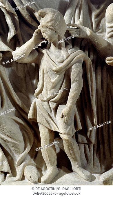 Child wearing a Phrygian cap mourning the death of Hector, detail from a relief depicting Priam pleading to redeem his sons Hector's dead body