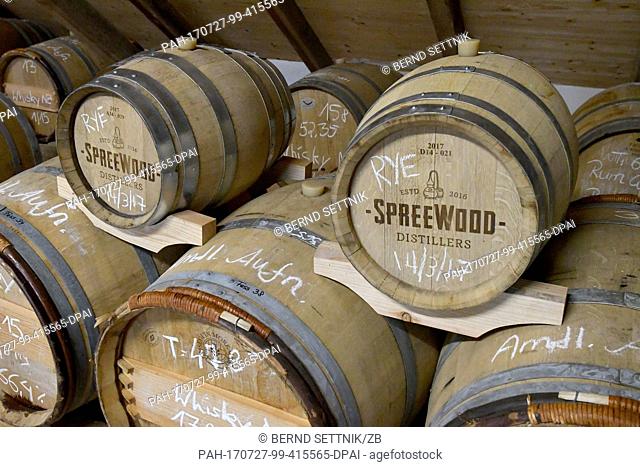 Barrels are stored at the storage of the Spreewood Distillers in Schlepzig, Germany, 26 July 2017. Since October 2016, the barkeepers from Berlin distill their...