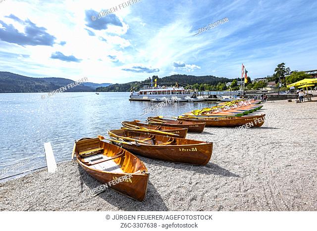 excursion boats at the lake Titisee, High Black Forest, Germany, shore of town Titisee-Neustadt