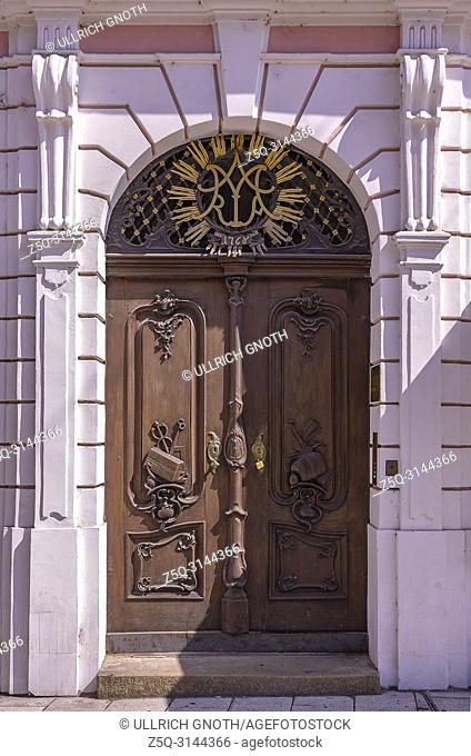 Augsburg, Bavaria, Germany - Doorway and portal of the so-called Roeck House at Maximilian Street 51. Augsburg, Bayern, Deutschland - Eingangsportal des...