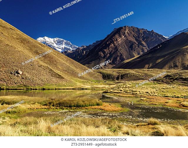 Aconcagua Mountain and Horcones Lagoon, Aconcagua Provincial Park, Central Andes, Mendoza Province, Argentina