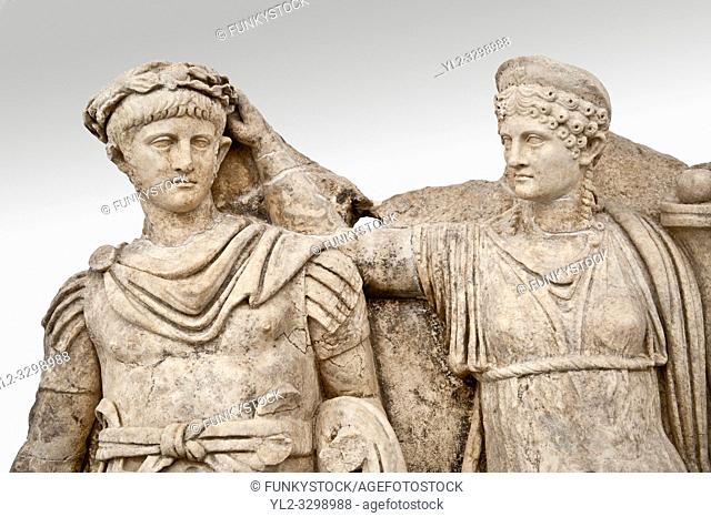 Roman temple releif sculpture of Tiberius being crowned by Andreia, Aphrodisias Museum, Aphrodisias, Turkey. The drapped goddess figure is thought to be...