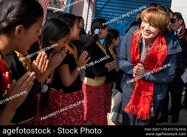 03 February 2020, Nepal, Kathmandu: First Lady Elke Büdenbender, wife of the German Federal President, welcomes children to a UNICEF-supported and child-led...