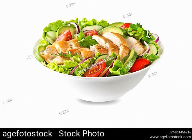 Healthy green salad with chicken breast avocado and fresh vegetables isolated on white background