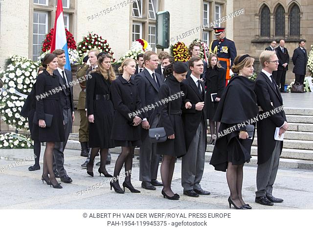 Grandchildren of Grand Duke Jean of Luxemburg, the coffin is carried out at the Cathédrale Notre-Dame in Luxemburg, on May 04, 2019
