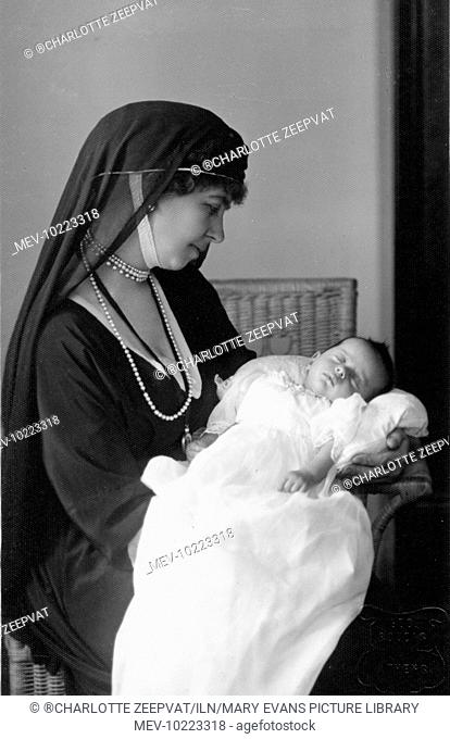 Queen Sophie of Greece holding her granddaughter Alexandra in 1921. The Queen wears mourning here for her son Alexander, the baby's father