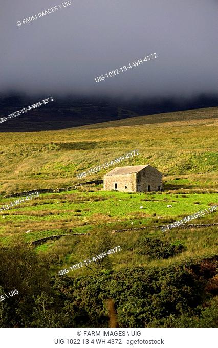 Field barn under a stormy autumn sky in the Trough of Bowland - Lancashire. (Photo by: Wayne Hutchinson/Farm Images/UIG)