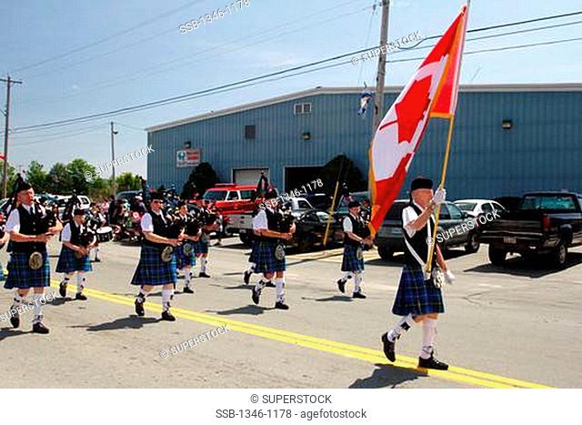 Bagpipers in traditional Scottish clothing in a parade, Liverpool, Nova Scotia, Canada