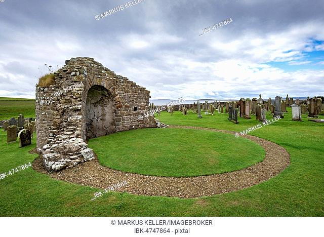 The ruin of Saint Nicholas, built in 11th century and the only medieval round church in the United Kingdom, Orphir, Orkney, Scotland, United Kingdom