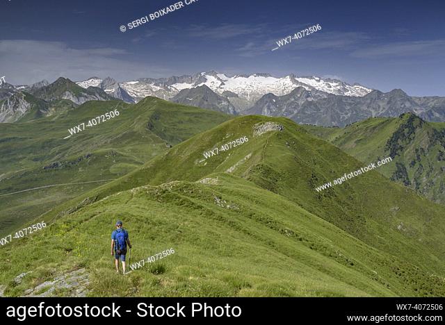 Aneto peak and the Maladetas massif seen from the summit of Montcorbison, in summer (Aran Valley, Catalonia, Spain, Pyrenees)