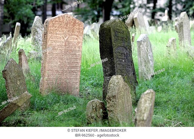Gravestones in the old Jewish cemetery in the Josefstadt, or Josefov quarter of Prague, Czech Republic, Europe