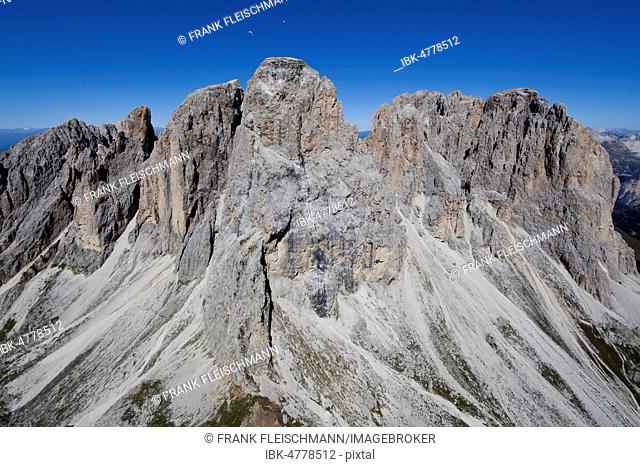 Aerial photo, mountain range Langkofelgruppe, Plattkofel, Grohmann, Zahnkofel, Langkofel, Dolomites, region Trentino, Italy