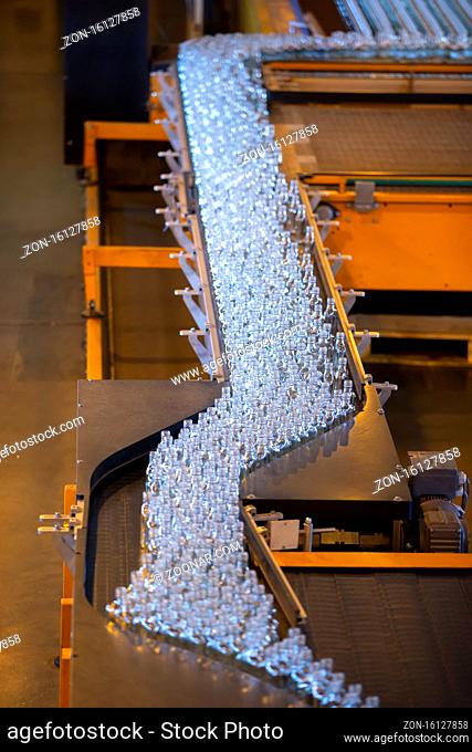 Glassworks. Glass industry. A lot of glass bottles on the conveyor
