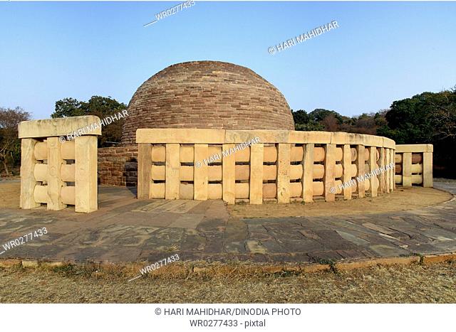 View of stupa 2 with carved medallions decorate surrounding walls , Sanchi 46Kms northeast of Bhopal , Madhya Pradesh , India