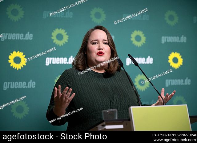 13 February 2023, Berlin: Ricarda Lang, federal chairwoman of Bündnis 90/Die Grünen, speaks during a press conference on the results of the repeat election for...