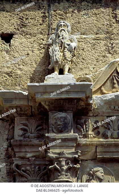 Reliefs and decorative elements on the entrance to the Church of St Mary of the Graces, Anversa degli Abruzzi, Abruzzo. Italy, 16th century
