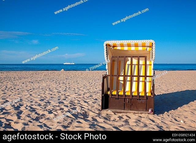 Typical beach chair on the beach in Ahlbeck. Ahlbeck is a district of the Heringsdorf municipality on the island of Usedom on the Baltic coast