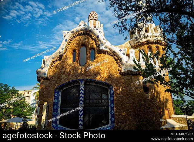 antoni gaudi's artistic park guell in barcelona, spain. this modernistic park was built between 1900 and 1914 and is a popular tourist attraction