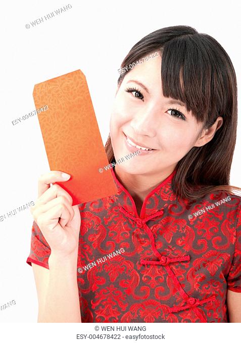 Beautiful asian girl holding red bag for lucky and rich