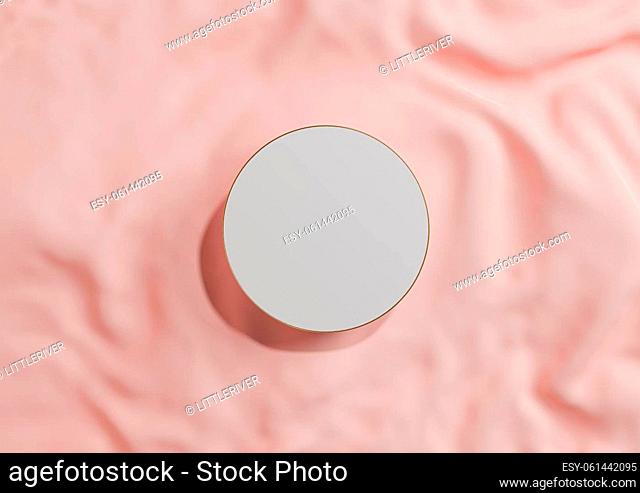 Pastel, light red, salmon pink 3D rendering minimal product display top view flat lay circle podium or stand with gold line on wavy textile for luxury cosmetic...