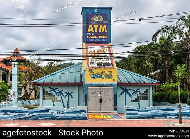 Ocho Rios, Jamaica - April 22, 2019: Street view of Ocho Rios at overcast day with a closed bank branch in Ocho Rios, Jamaica