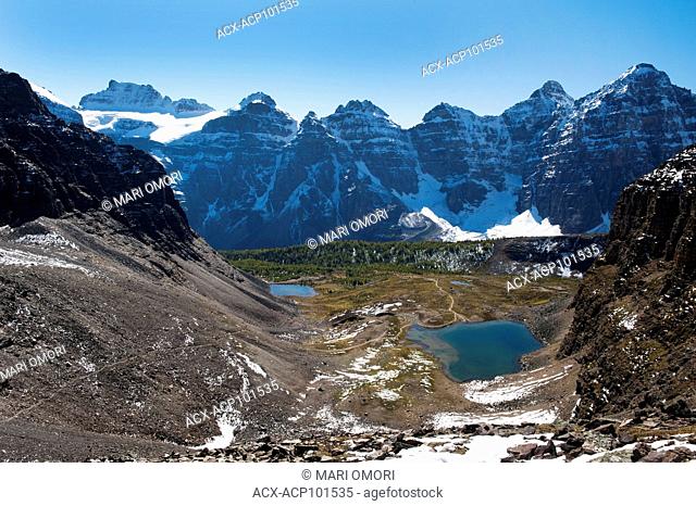 View from Sentinel Pass in Banff National Park, with Minnestimma Lakes below. The Larch Valley trail can be seen from the top of the pass