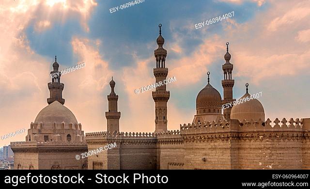 Minarets and domes of Sultan Hasan mosque and Al Rifai Mosque, Old Cairo, Egypt