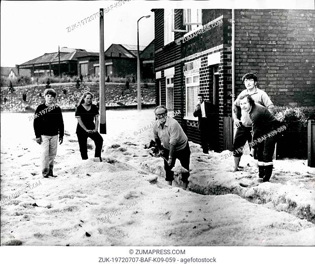 Jul. 07, 1972 - Hail the feet deep. Hailstones, the size of marbles, poured down in Nottingham, causing severe flooding. Boats had to be used to rescue people...