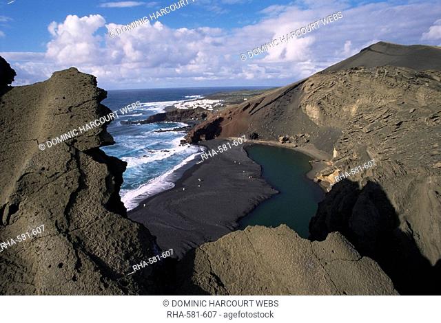 Green pool, lava mountains, El Golfo, Lanzarote, Canary Islands, Spain, Atlantic, Europe