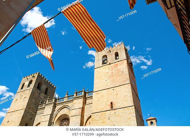 Cathedral and pennants waving  Medieval days, Sigüenza, Guadalajara province, Castilla La Mancha, Spain