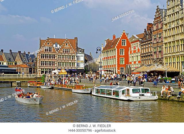 Leie, river, shore, building, historically, round trip ships, Ghent Belgium